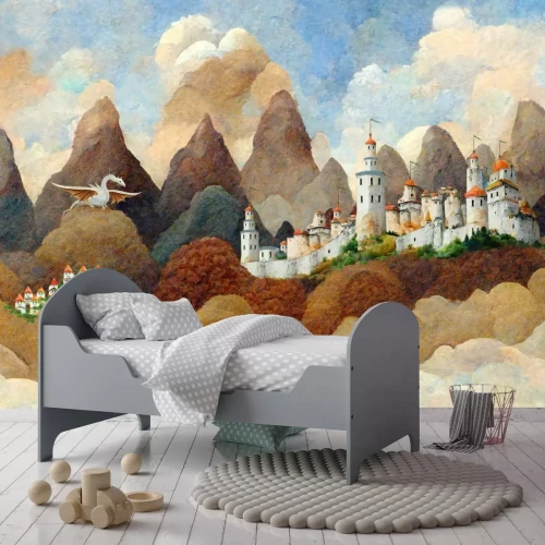 Fototapete Schloss und weißer Drache Märchenillustration