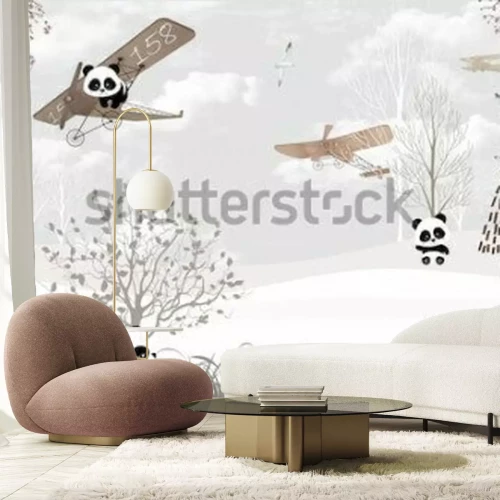 Fototapete Entzückende Pandas fliegen Flugzeuge in einem Winterwald