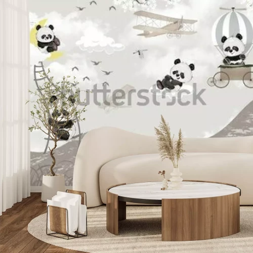 Fototapete Lustig Pandas spielen in den Wolken