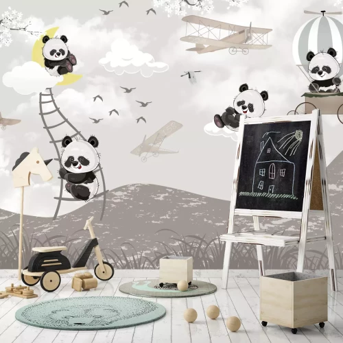 Fototapete Lustig Pandas spielen in den Wolken