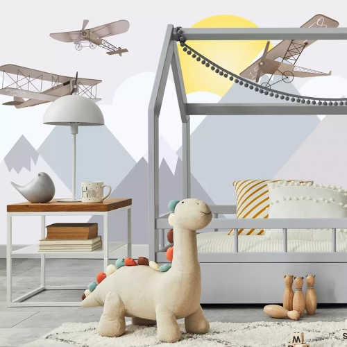 Fototapete Märchenhafte Doppeldecker fliegen über Berge