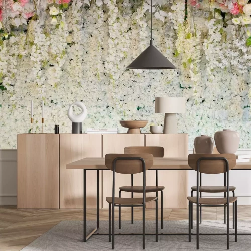 Fototapete Wand mit weißen Blumen