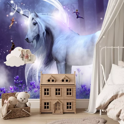 Fototapete Märchenhafte Illustration mit einem Einhorn und Feen