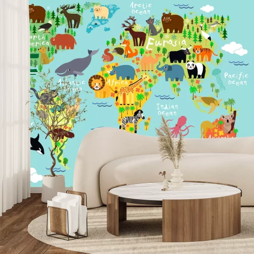 Fototapete Cartoon-Tiere auf den Kontinenten