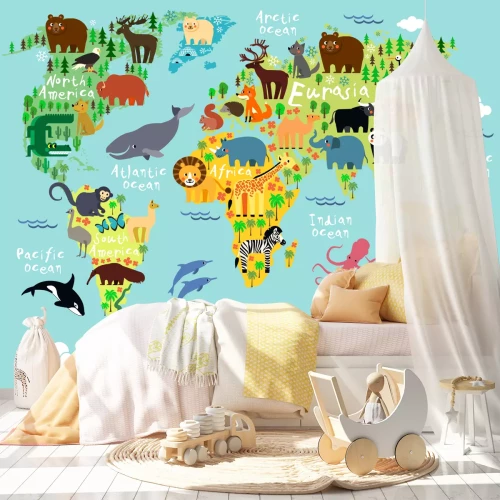 Fototapete Cartoon-Tiere auf den Kontinenten