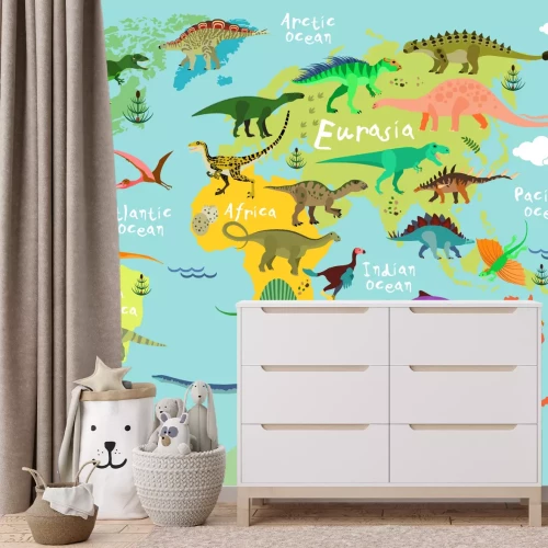 Fototapete Dinosaurier auf einer Weltkarte