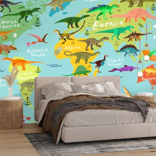 Fototapete Dinosaurier auf einer Weltkarte