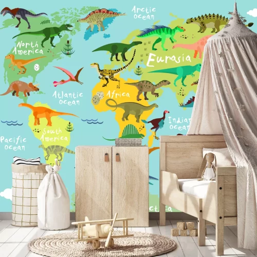 Sticker Dinosaurier auf einer Weltkarte