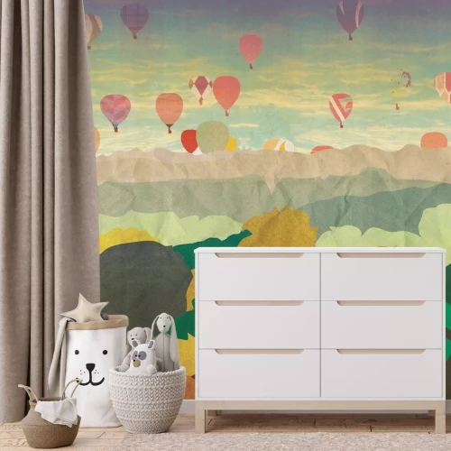 Fototapete Illustration von Ballons die über Wald und Berge fliegen