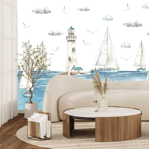 Fototapete Segelschiffe auf dem Meer vor dem Hintergrund eines Leuchtturms