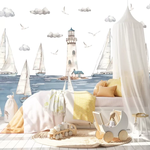 Fototapete Segelschiffe auf dem Meer vor dem Hintergrund eines Leuchtturms