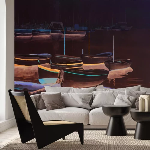 Fototapete Gemaltes Muster mit Booten am Ufer