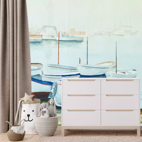 Fototapete Gemaltes Muster mit Booten am Ufer