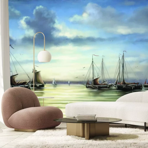Fototapete Gemalter Meereslandschaft mit Segelbooten