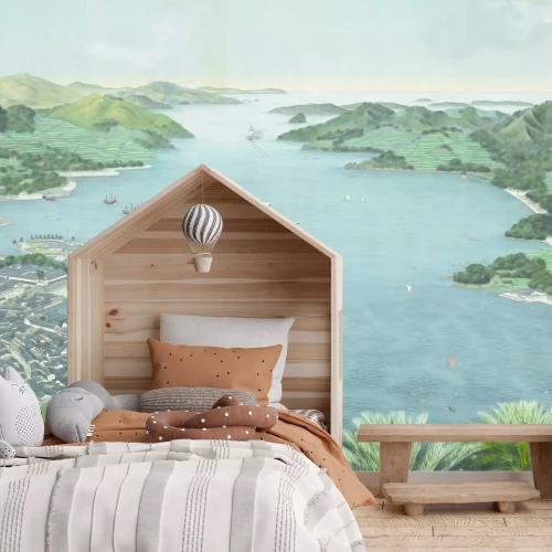 Fototapete Küstenperle mit Blick auf die Berge und das blaue Meer