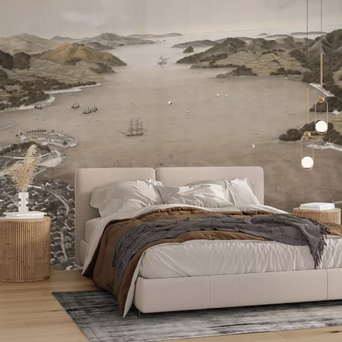 Fototapete Blick auf eine Küstenstadt, umgeben von Bergen