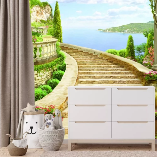 Fototapete Antike Treppen zwischen Blumen und Pflanzen