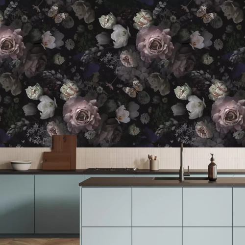 Fototapete Romantische 3D-Blumen auf dunklem Hintergrund