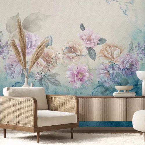 Fototapete Rosa und orange Blumen auf Aquarellhintergrund