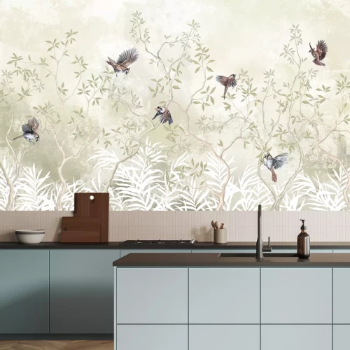 Fototapete Vögel zwischen den Baumzweigen auf grünem Betonhintergrund