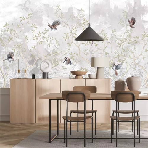 Fototapete Vögel auf Baumzweigen, Betonhintergrund