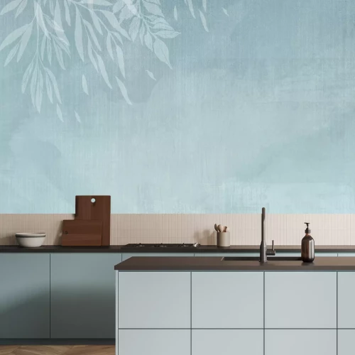 Fototapete Blätter auf einem minimalistischen Muster eines blauen Textur Hintergrund