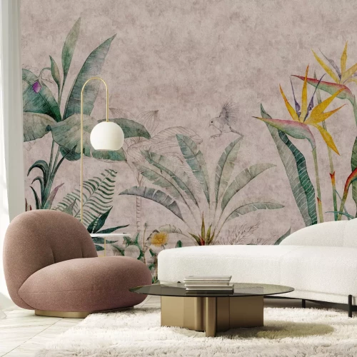 Fototapete Tropische Pflanzen und Vogel, botanisches Muster auf Betonhintergrund