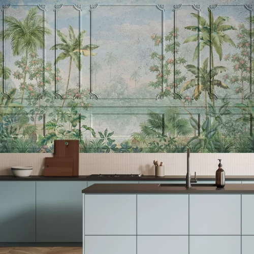 Fototapete Tropische Landschaft mit Palmen vor Stuckhintergrund
