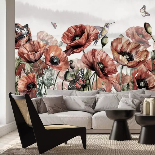 Fototapete Rote Mohnblumen, Kolibris und Schmetterlinge