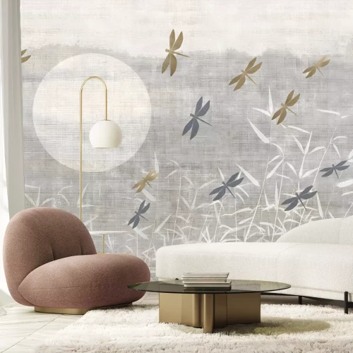 Fototapete Libellen auf Beigem Landschaftshintergrund