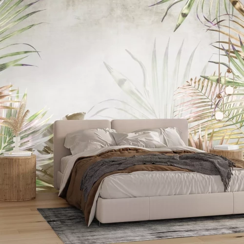 Fototapete Große Tropische Blätter auf Betonhintergrund