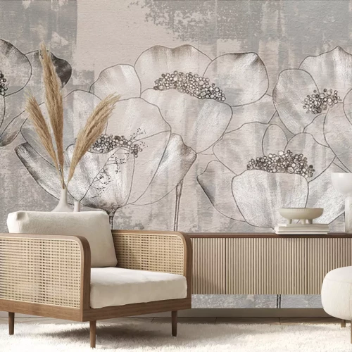 Fototapete Weiße Mohnblumen, Blumen im Industriestil