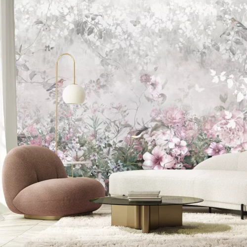 Fototapete Blumiger Hintergrund, Pastellblumen, Vögel und Schmetterlinge