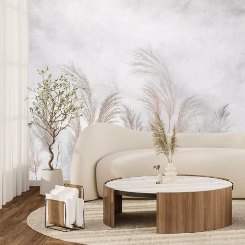 Fototapete Gräser und Eukalyptusblätter auf Betonhintergrund