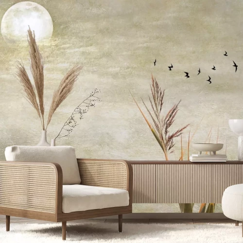 Fototapete Vollmond, Vögel und Gras auf Betonhintergrund