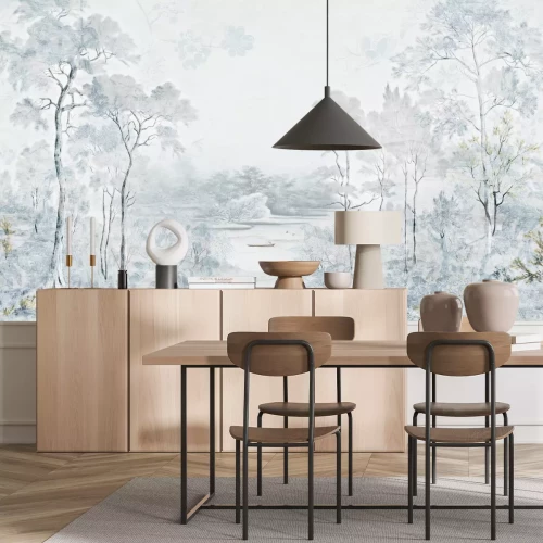 Fototapete Landschaft mit Bäumen und einem Fluss, Natur in Blauen Tönen