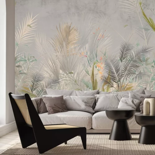 Fototapete Tropische Pflanzenwelt mit Palmblättern auf Grauem Hintergrund