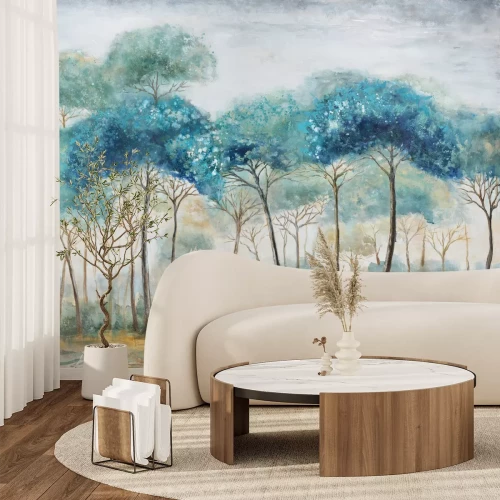 Fototapete Malerische Landschaft mit Blauen Bäumen