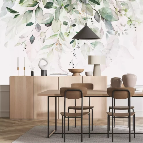 Fototapete Aquarellzweige und Blätter auf weißem Hintergrund