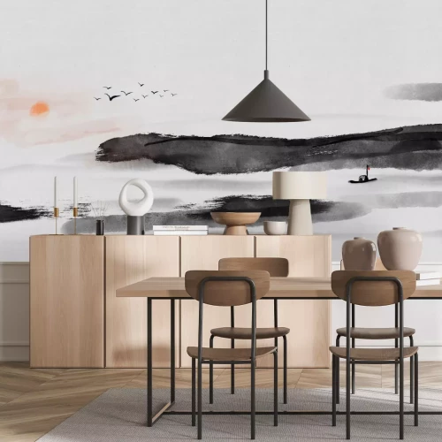 Fototapete Chinesische Landschaft mit Meer, Vögeln und Sonnenuntergang