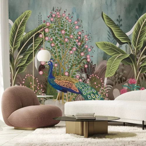 Fototapete Pfau unter Tropischen Pflanzen und Blumen