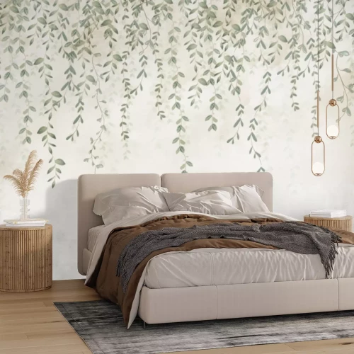 Fototapete Grüne Blätter und Zweige, die von Oben Hängen, Vintage-Stil