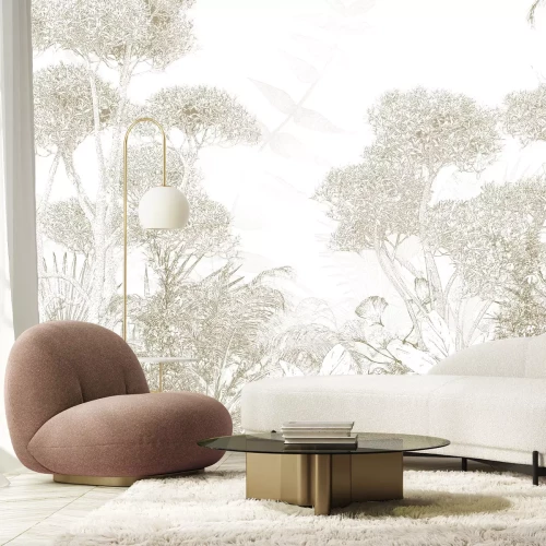 Fototapete Beiges Landschaftsbild Wald im Skizzenstil