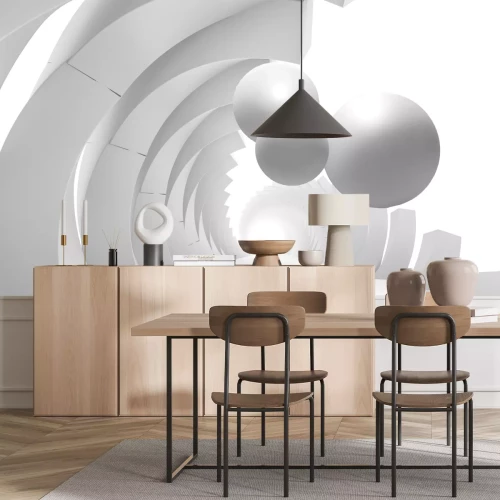 Fototapete 3D-Wandtunnel mit fliegenden Bällen 3D-Rendering