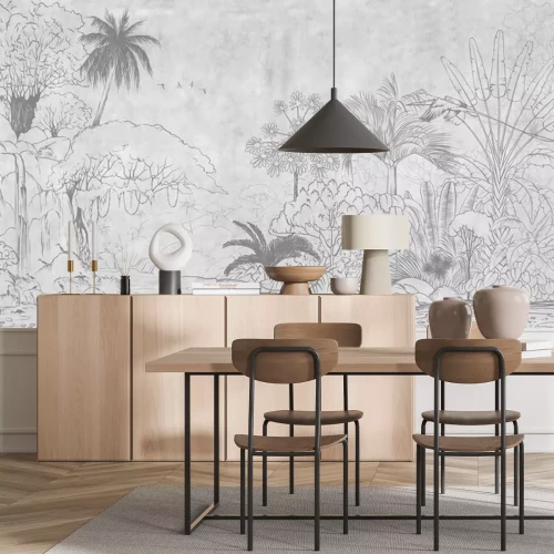 Fototapete Tropical nature landscape, jungle with exotic tropical plants, flowers and leaves. Drawn jungle . Design for card, postcard, wallpaper, photo wallpaper, mural.