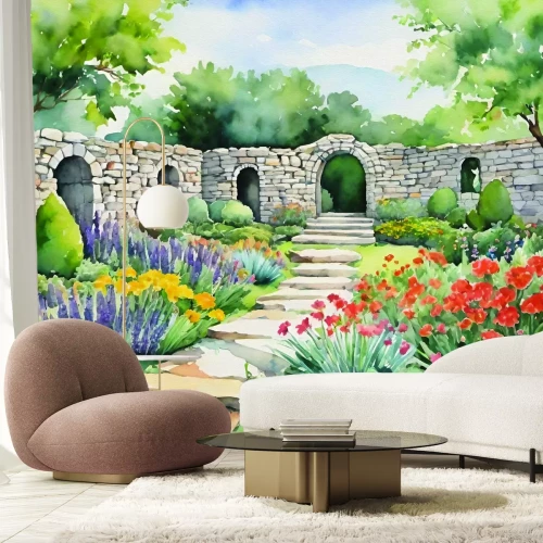 Fototapete Gemalte Landschaft eines Gartens mit bunten Blumen