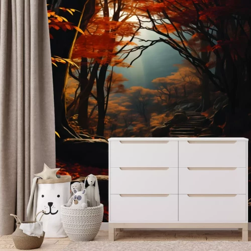 Fototapete Herbstliche Waldlandschaft mit Treppen