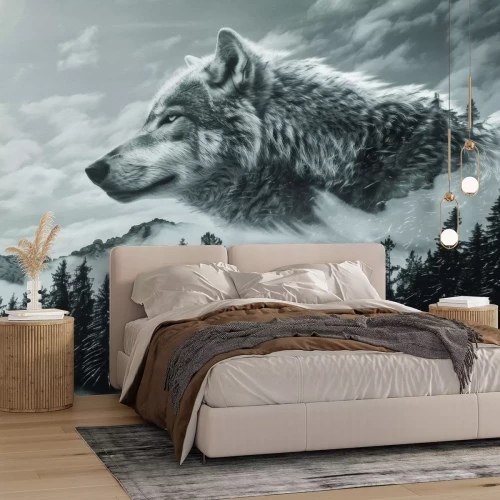 Fototapete Nadelwald mit einer Wolfsimitation in den Wolken