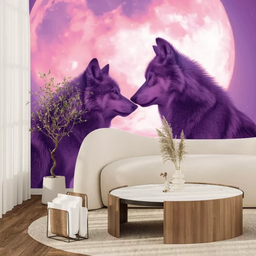 Fototapete Romantisches Bild von Wölfen bei Vollmond