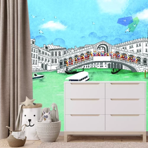 Fototapete Handgezeichneter Rialto-Brücke mit Gondeln